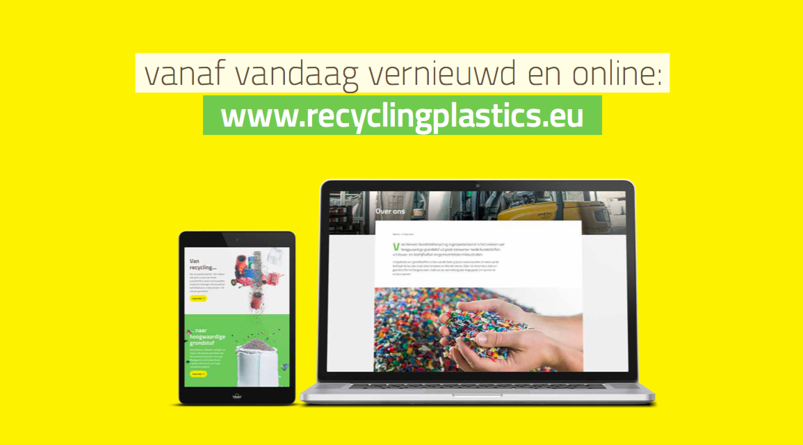 Aankondiging van de vernieuwde website recyclingplastics.eu op laptop en tablet